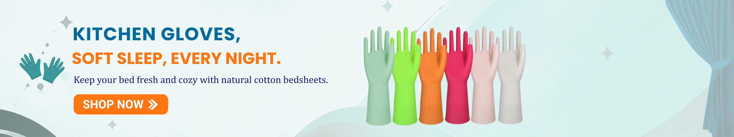 Colorful kitchen gloves for cleaning and cooking displayed with “Shop Now” button promoting durable and protective kitchen gloves for daily use.