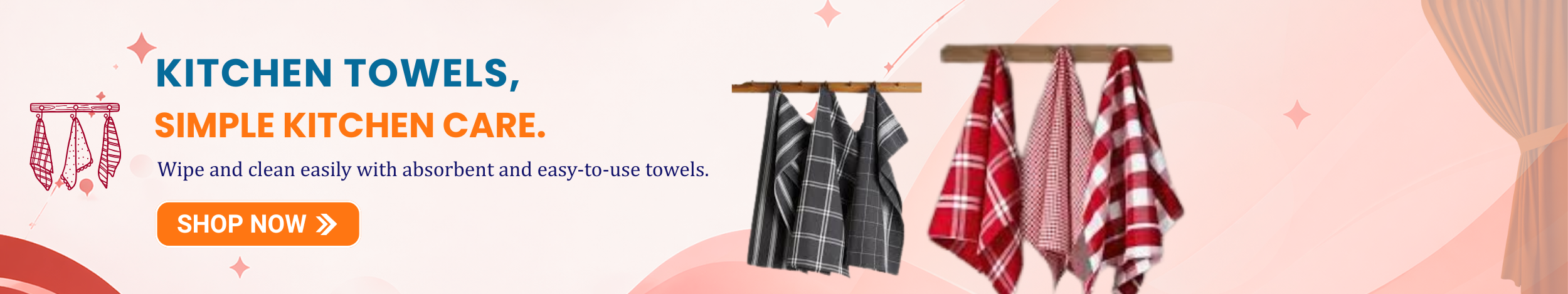 Kitchen towels hanging on a rack with stylish patterns, promoting absorbent and easy-to-use kitchen cleaning towels with a “Shop Now” button.