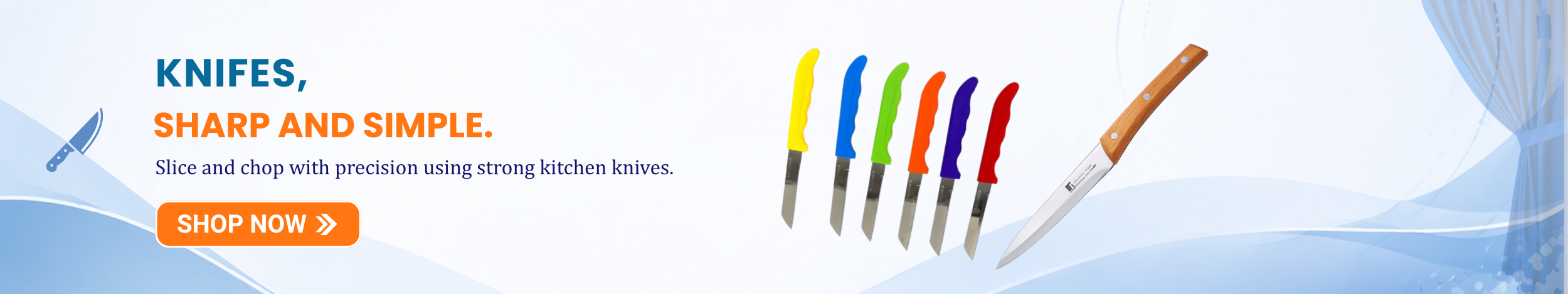 Set of colorful kitchen knives and a wooden-handle knife, designed for precise cutting and slicing, displayed with a “Shop Now” button.
