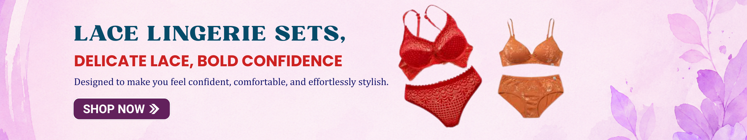 Lace lingerie sets in red and peach colors featuring bra and panty designs, showcasing elegant, comfortable, and stylish intimate wear.