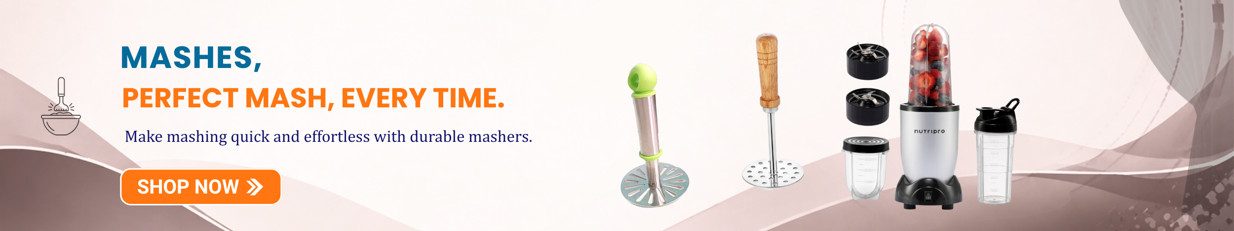 Potato mashers and kitchen mashing tools displayed with blender accessories, highlighting easy and efficient food mashing with a “Shop Now” button.