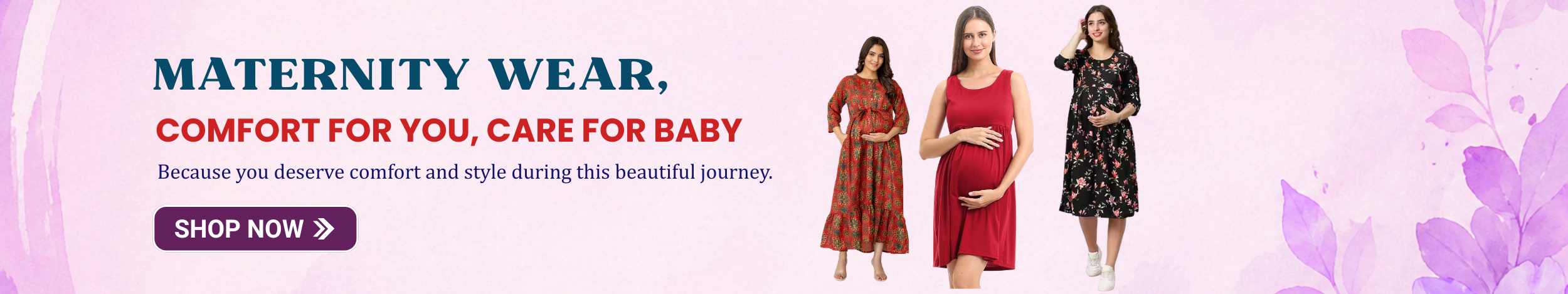 Pregnant women wearing stylish maternity dresses in red and floral designs, showcasing comfortable and elegant pregnancy wear.
