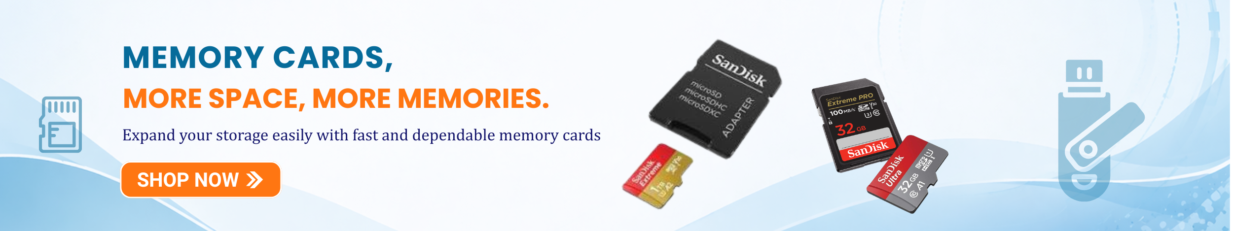 SanDisk memory cards including microSD card, SD card, and adapter with “Shop Now” button promoting fast and reliable storage memory cards for mobiles, cameras, and devices.