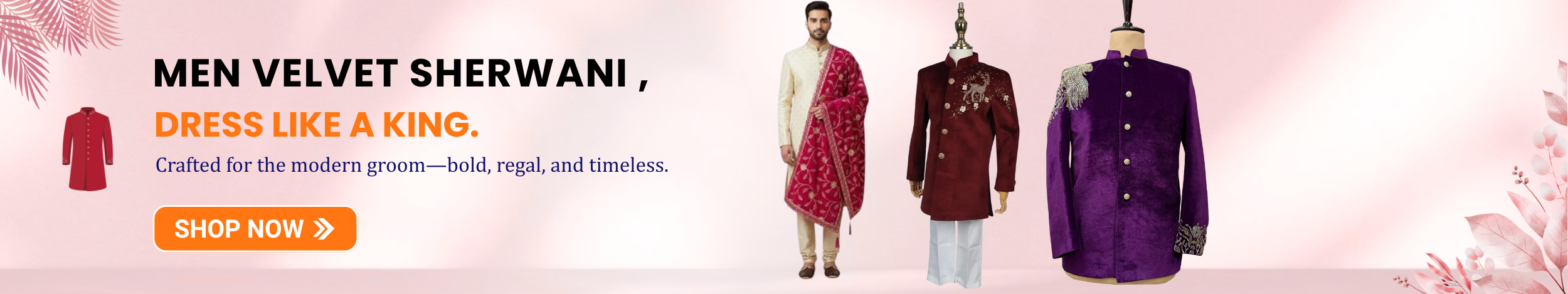 Men velvet sherwani with royal design, perfect for weddings and groom outfits.