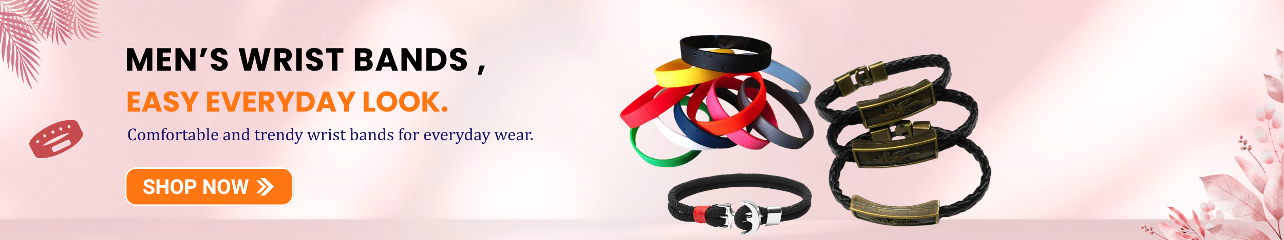 Men’s wrist bands in leather and silicone styles, trendy and comfortable accessories for everyday wear.