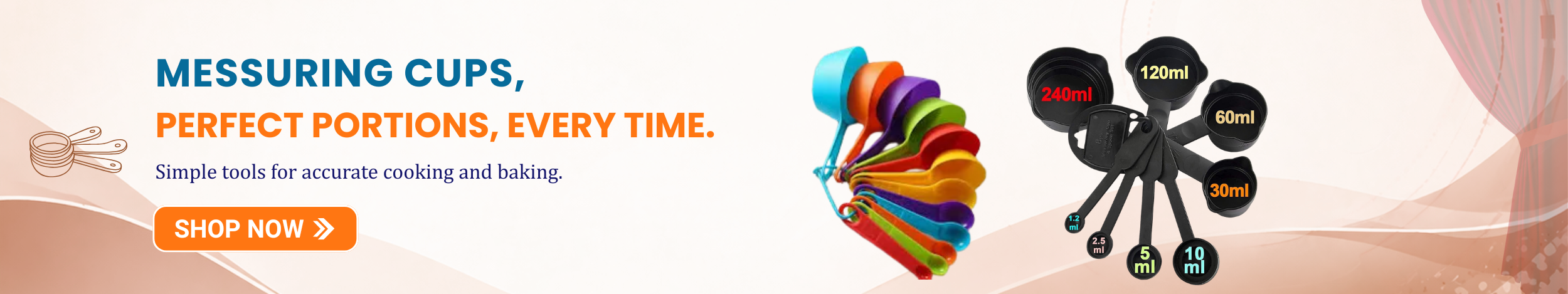 Colorful measuring cups and measuring spoons set with different ml markings for accurate cooking and baking, displayed with a “Shop Now” button.