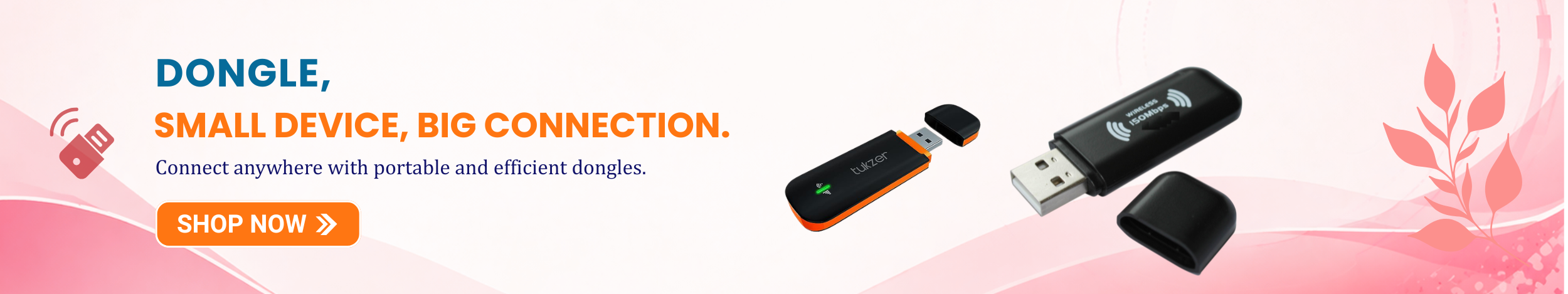 USB WiFi dongle devices with compact portable design and “Shop Now” button promoting wireless internet dongles for laptops and desktops with fast connectivity.