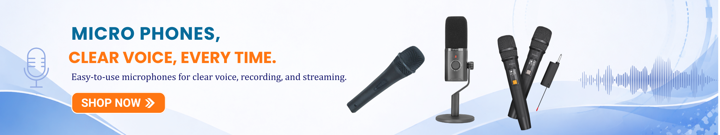 Professional microphones including handheld mic, studio USB microphone, and wireless microphones with “Shop Now” button promoting clear voice recording microphones for streaming, meetings, and audio recording.