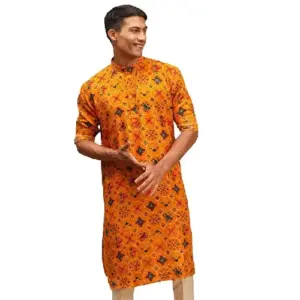 Men orange printed Pathani style kurta cotton blend festive ethnic wear