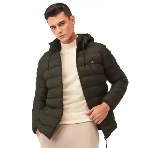 Men olive green insulated winter jacket nylon warm cold weather wear
