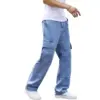 Men light blue cargo jeans denim multi pocket casual loose fit