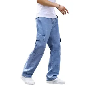Men light blue cargo jeans denim multi pocket casual loose fit