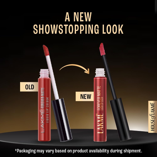 Lakme Forever Matte liquid lipstick new vs old packaging with applicator showing red shade