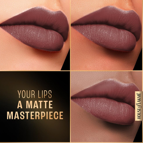 Close-up of lips wearing Lakme matte lipstick in nude brown shades with smooth matte finish