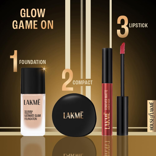 Lakme makeup combo featuring foundation, compact powder, and matte liquid lipstick for complete glow look