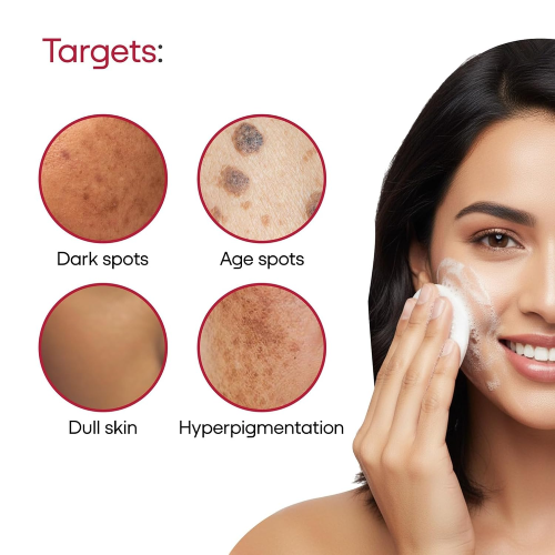 Woman applying face wash targeting dark spots age spots dull skin and hyperpigmentation
