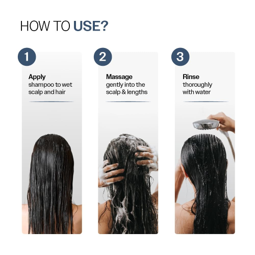Step by step guide showing how to use shampoo apply massage and rinse for clean healthy hair