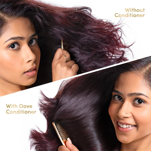 Before and after comparison of hair with and without conditioner showing smooth shiny hair results
