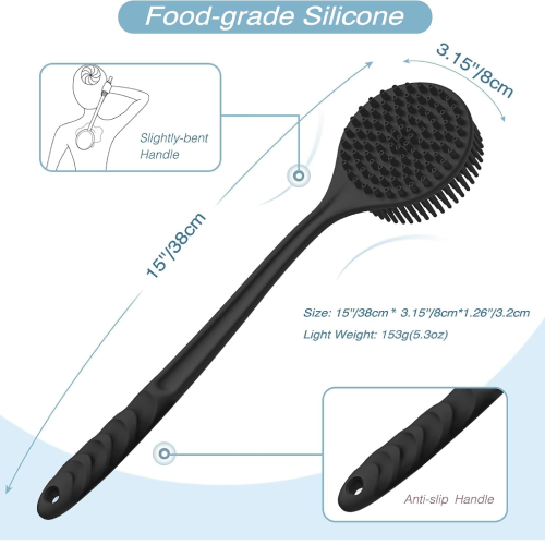 The set features a long handle back scrubber, body brush, scalp massager, and face scrubber for effective cleansing. Made from BPA-free silicone, it ensures durability and hygiene.