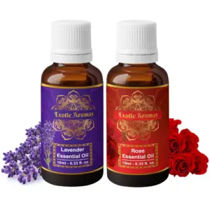 lavender and rose essential oil bottles for relaxation aromatherapy skincare
