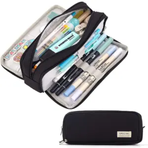 canvas large capacity pencil box black 3 compartments stationery pouch