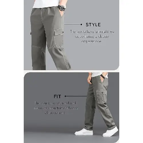 Men grey cargo pants straight leg relaxed fit drawstring waist casual