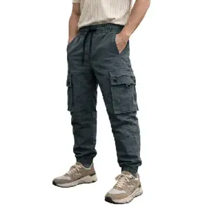Men dark grey cargo pants drawstring waist multi pocket casual jogger trousers