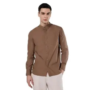 Men brown mandarin collar cotton shirt full sleeve regular fit casual