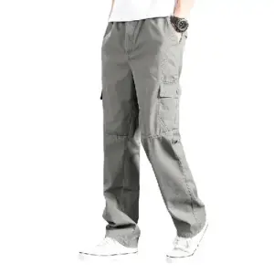 Men cotton cargo pants grey drawstring waist casual utility trousers comfortable