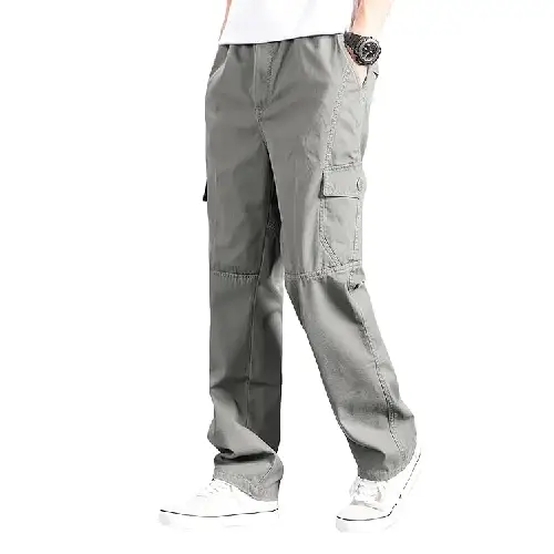 Men cotton cargo pants grey drawstring waist casual utility trousers comfortable