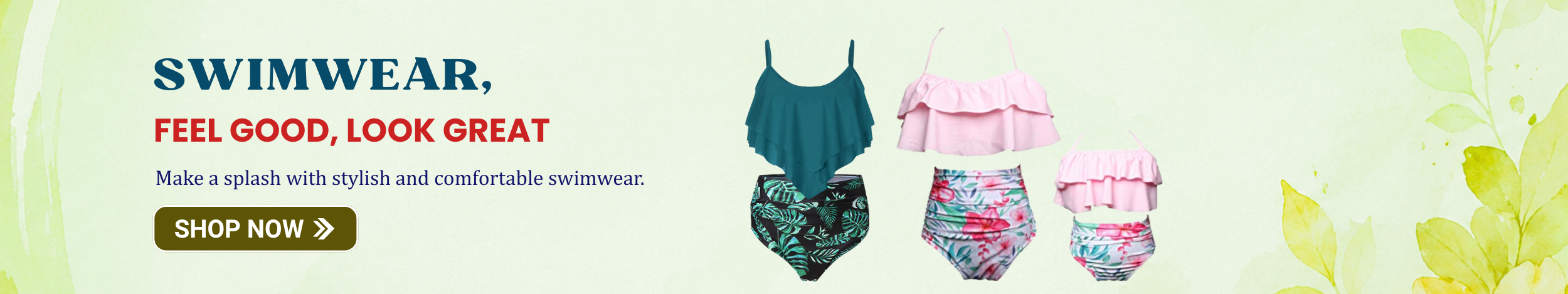 Stylish women’s swimwear sets including ruffle tops and high-waisted printed bottoms in teal and pink colors, showcasing trendy beachwear.