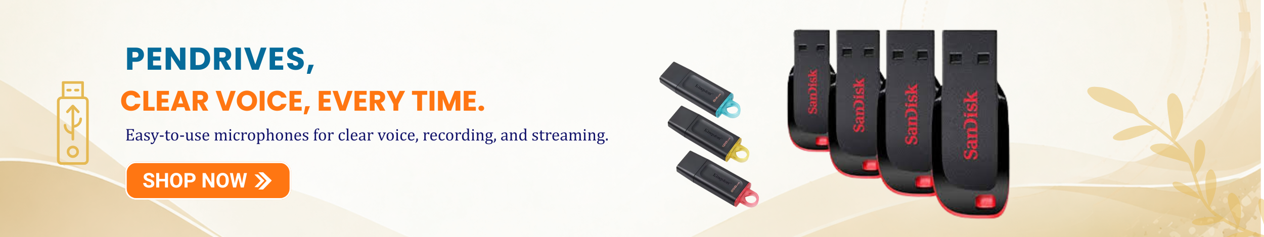 USB pendrives and SanDisk flash drives with compact portable design and “Shop Now” button promoting high-speed data storage devices for files, photos, and backups.