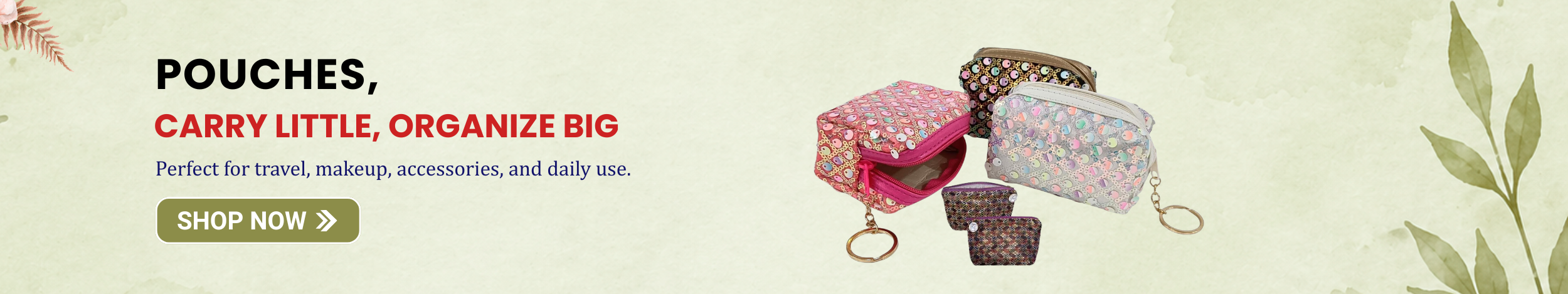 Colorful travel pouches and makeup organizers for women with zip closure and compact storage design