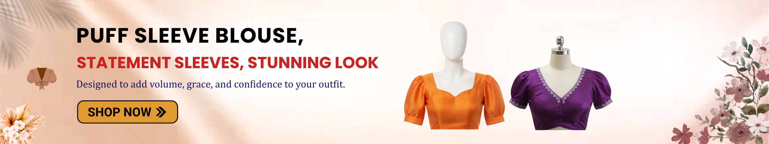 Puff sleeve blouses in orange and purple with stylish design showcasing trendy statement sleeves for ethnic wear