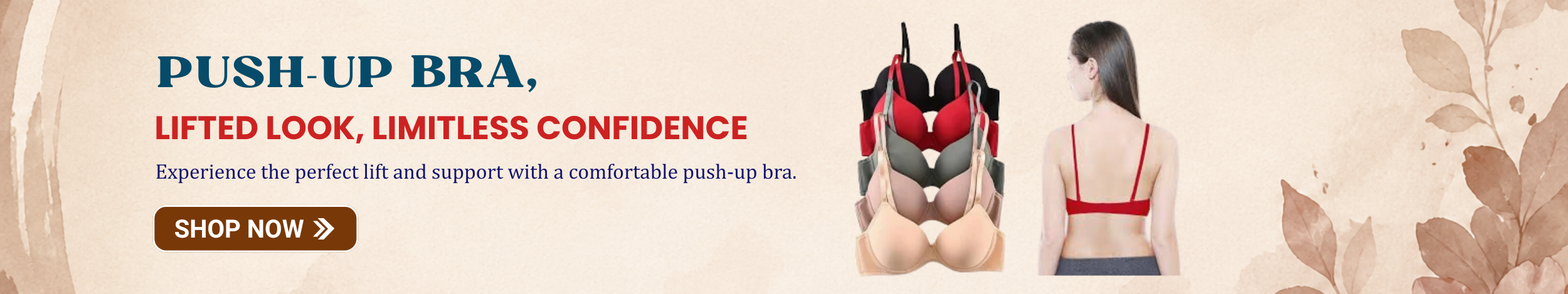 Push-up bras in multiple colors including red, black, and nude, displayed with a model wearing a red bra, highlighting lift, support, and comfort.