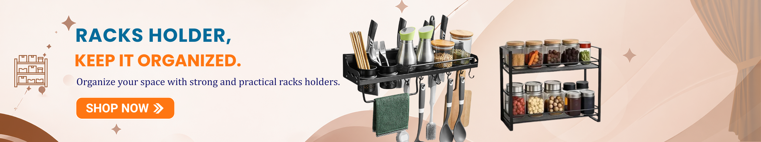 Kitchen racks holder with shelves and hooks for organizing utensils, jars, and kitchen essentials, displayed with a “Shop Now” button.