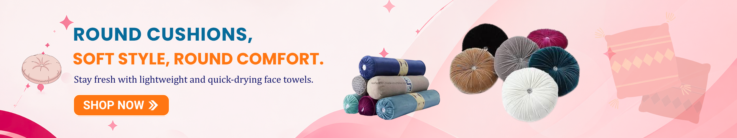 Round cushions and bolster cushions in multiple colors with soft fabric design featuring “Shop Now” button promoting stylish round cushions for home décor and comfort.