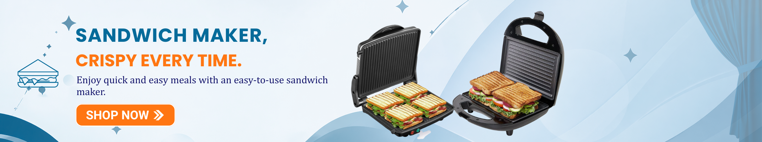 Electric sandwich maker for making crispy grilled sandwiches quickly at home.