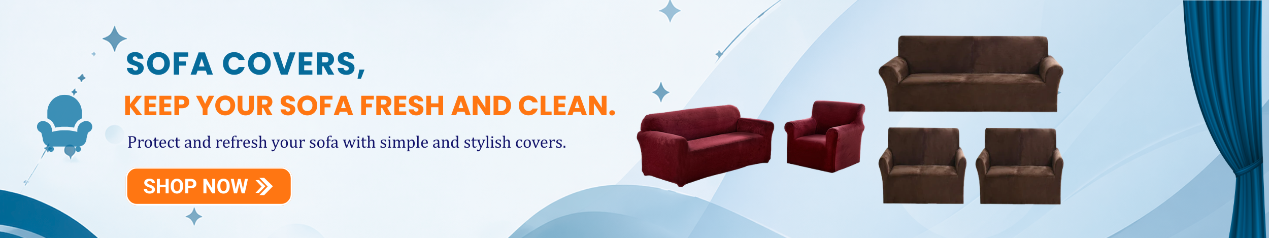 Sofa covers for single seater, two seater, and three seater sofas in red and brown colors featuring “Shop Now” button promoting stylish and protective sofa covers for home.