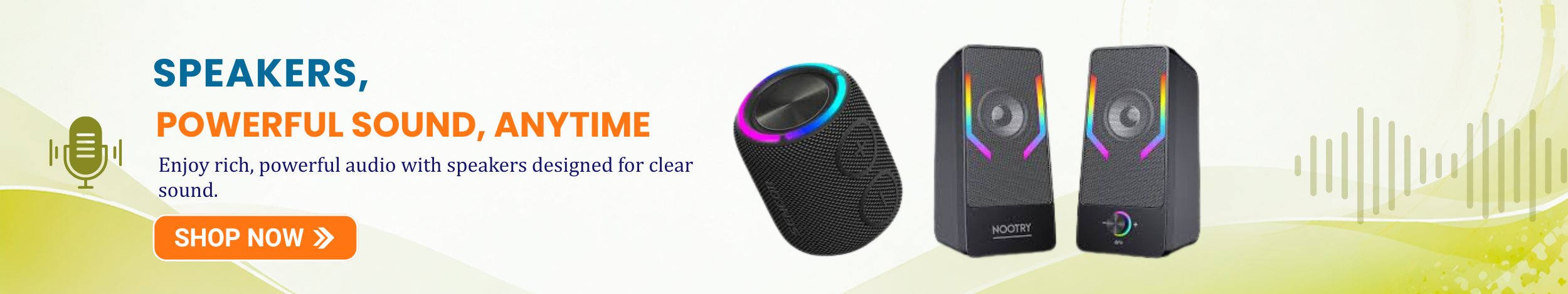 Portable Bluetooth speaker and RGB desktop speakers with powerful sound design featuring “Shop Now” button promoting high-quality speakers for music, gaming, and entertainment.