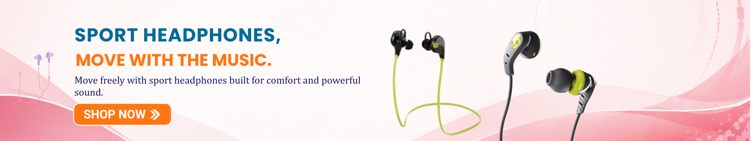 Sport headphones with in-ear secure fit and sweat-resistant design featuring “Shop Now” button promoting wireless and wired sport earphones for workouts, running, and fitness activities.