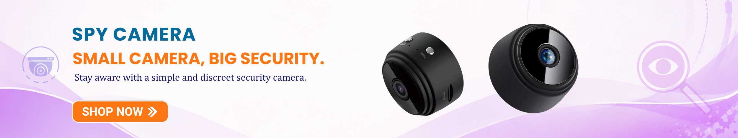 Mini spy camera with compact hidden design and wide-angle lens featuring “Shop Now” button promoting discreet security cameras for home, office, and surveillance use.