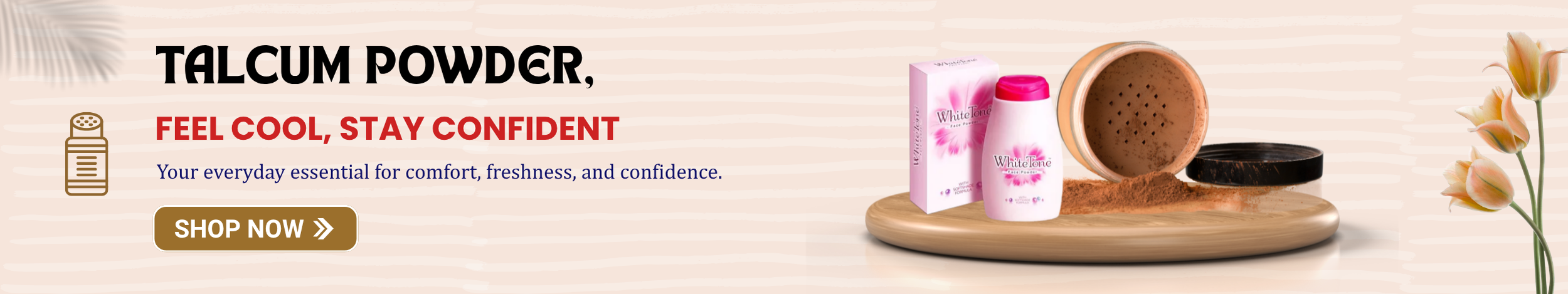 Talcum powder bottle and loose powder on wooden tray promoting freshness, cooling effect, and all-day comfort