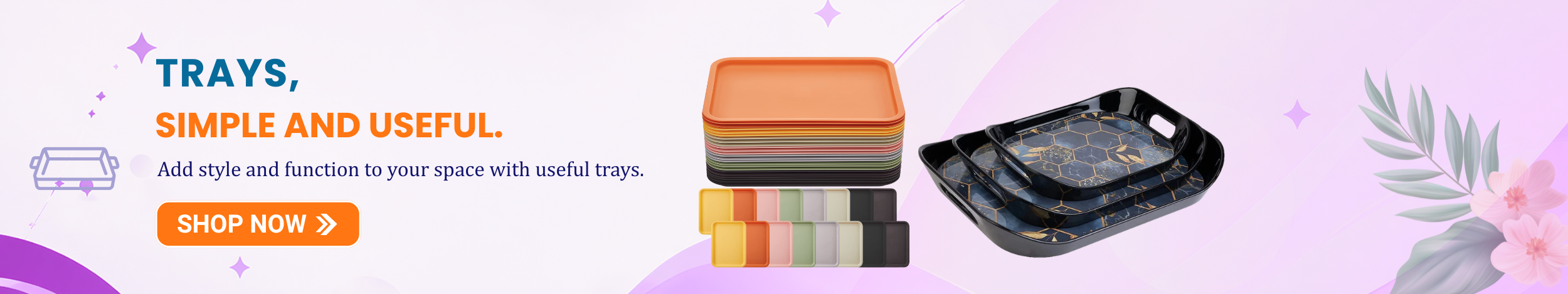 Serving trays in multiple colors and stylish printed trays with handles featuring “Shop Now” button promoting durable and decorative trays for home and kitchen use.