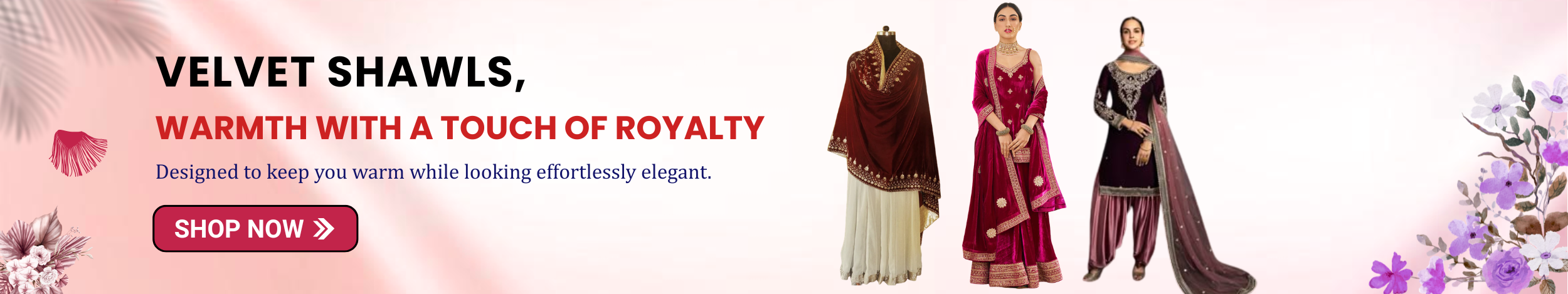 Velvet shawls with rich embroidery draped over traditional outfits showcasing warmth, elegance, and royal style