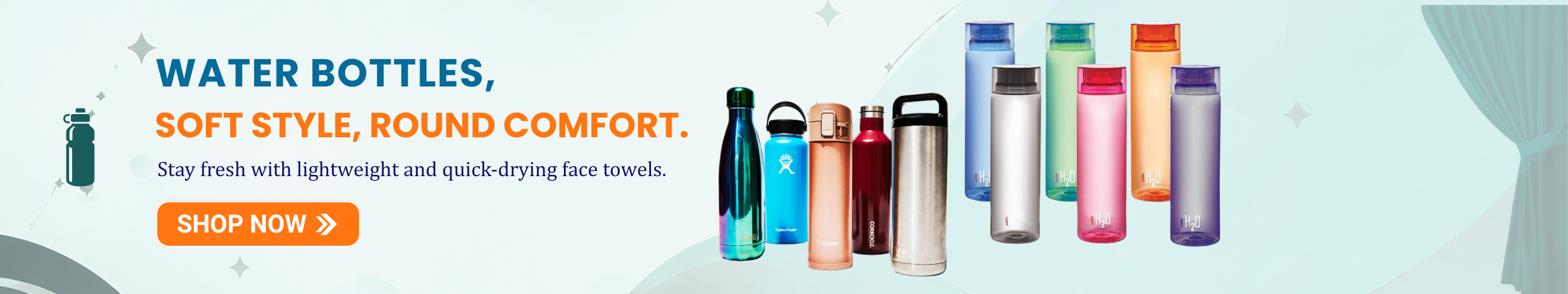 Reusable water bottles in different colors and materials for daily hydration at home, office, gym, and travel.