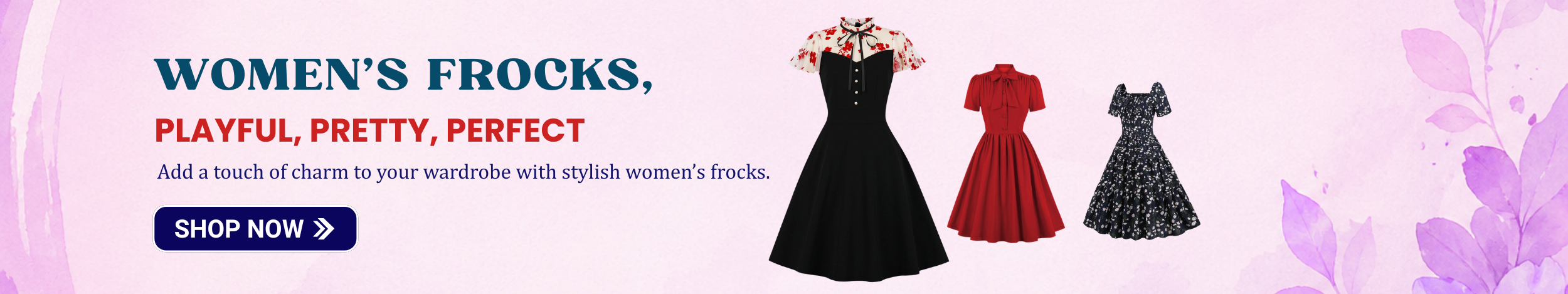 Stylish women’s frocks in black, red, and floral designs with flared silhouettes, showcasing elegant and playful casual dresses.