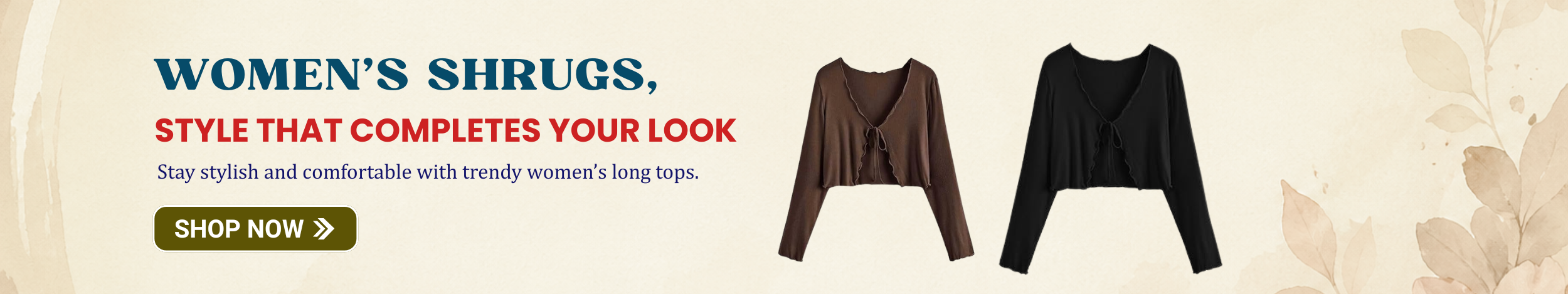 Women’s shrugs in brown and black with cropped design and tie-front style, showcasing trendy layering fashion.