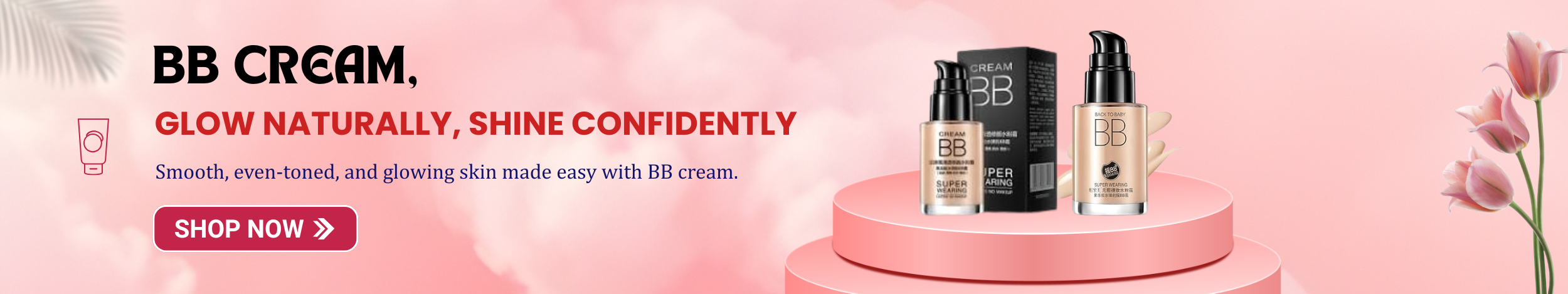 BB cream foundation bottles on pink background promoting natural glowing skin with smooth and even tone finish