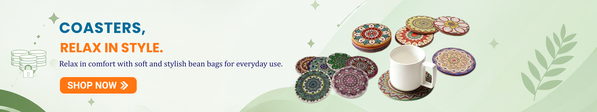 Colorful decorative drink coasters with artistic patterns placed under a coffee mug featuring “Shop Now” button promoting stylish table coasters for home and dining use.